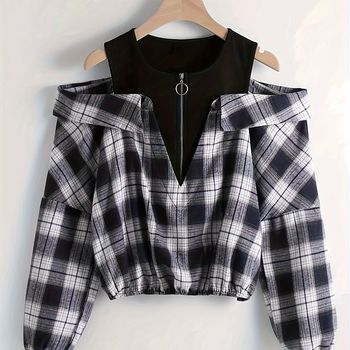 Blusa De Hombros Descubiertos Estampada A Cuadros, Top Casual De Manga Larga Con Cremallera Cuarto Para Primavera Y Otoño, Ropa De Mujer