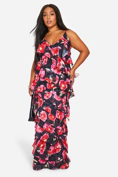 Vestido Plus Maxi De Flores Con Volante En Los Tirantes, Negro