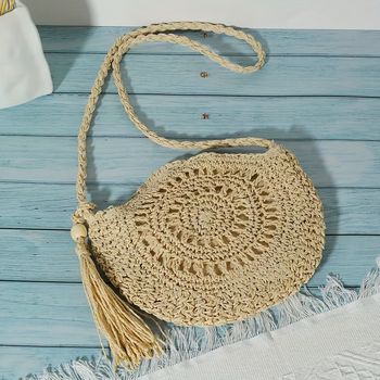 Bolso De Hombro De Playa De Verano Tejido De Paja, Bolso De Mano Casual Y Monedero Para Viajar De Mujer