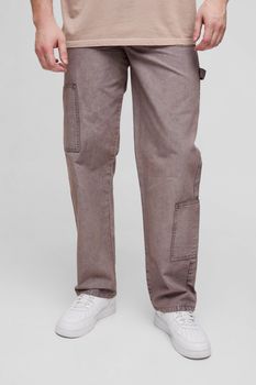 Pantalón Tall Estilo Carpintero Holgado Con Costuras Desteñidas Y Costuras Antidesgarros, Brown