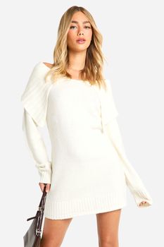 Vestido Jersey Oversize De Punto Suave Con Escote Barco Y Cuello, Cream