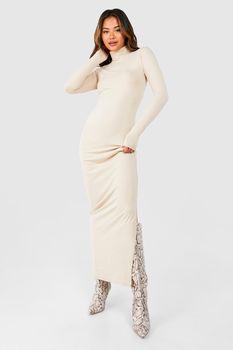 Vestido Maxi Premium Súper Suave Ajustado Con Cuello Vuelto, Beige