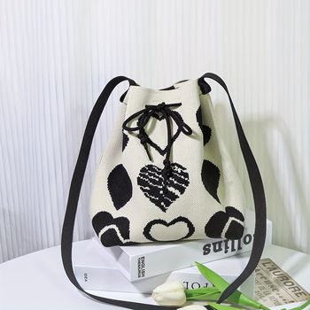 Mini Bolso de Cubo con Patrón de Corazón Clásico, Bolso de Hombro con Cordón, Bolso Casual para Combinar con Todo