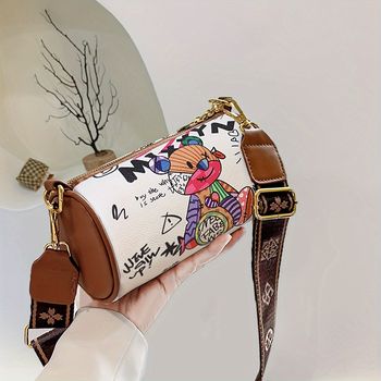 Bolso de hombro de moda con estampado de graffiti, bolso cilíndrico de moda, bolso vintage y bolso de barril para mujer