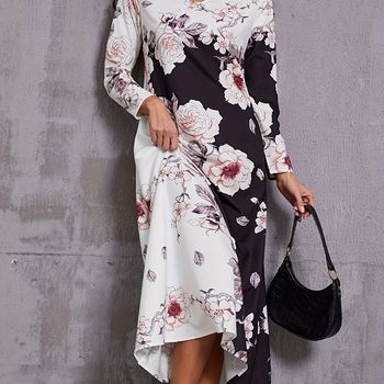 Vestido con estampado floral y escote en forma de cerradura, elegante vestido largo con cuello redondo y mangas largas, ropa de mujer