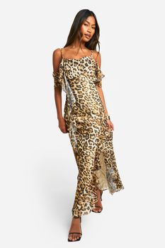 Vestido Maxi De Chifón Con Volante Y Estampado De Leopardo, Brown