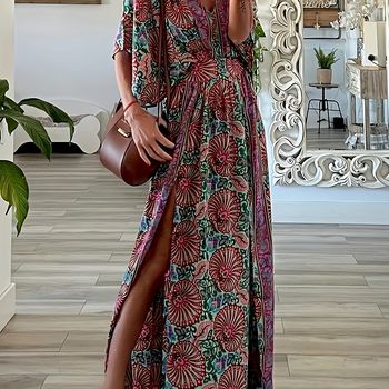 Vestido largo de vacaciones con estampado floral de estilo boho, elegante vestido maxi con abertura en el dobladillo y manga murciélago para vacaciones, ropa de mujer.