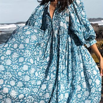 Vestido Boho Estampado De Plantas, Vestido Corto De Manga Corta Con Lazo En El Cuello En Vacaciones, Ropa De Mujer