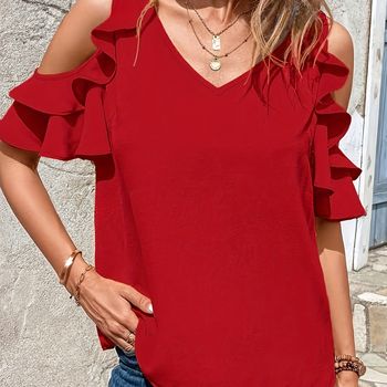 Blusa De Manga Corta Con Hombros Descubiertos Y Volantes En El Escote, Elegante Y Sólida Para Primavera Y Verano, Ropa De Mujer