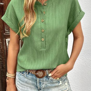 Blusa sólida con textura, blusa casual de manga corta para primavera y verano, ropa de mujer