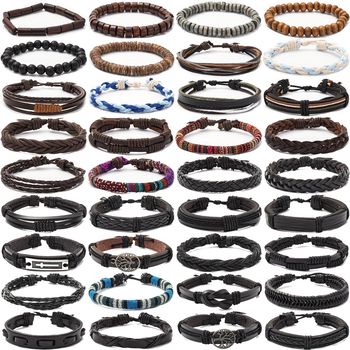 Conjunto de 36 piezas de pulseras de cuero de imitación para hombres, pulsera de estilo vintage de hip hop, tejida a mano, adorno de mano