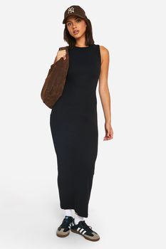 Vestido Midaxi Básico De Canalé Estilo Nadador, Negro