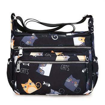 Bolso cruzado con estampado de gato, elegante bolso de hombro individual para mujer, bolso de lona de moda casual con múltiples capas, bolso de mensajero ligero para viajes