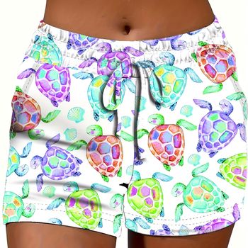 Shorts Estampados De Tortuga, Pantalones Cortos Elásticos Casuales De Cintura Media Para Primavera Y Verano, Ropa De Mujer