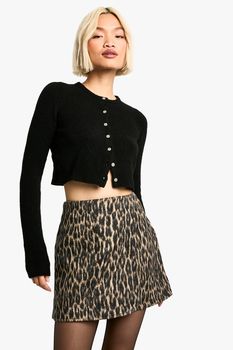 Minifalda Efecto Lana De Tiro Alto Con Estampado De Leopardo, Multi