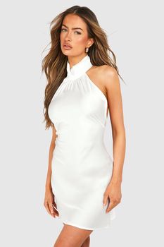 Vestido Mini De Raso Con Escote Halter, Blanco