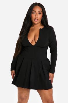 Vestido Plus De Manga Larga Estilo Corsé Escotado Plisado, Negro