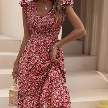 Vestido Estampado Floral Con Volantes, Vestido Casual Con Escote En V Y Mangas De Mariposa Fruncidas Para Primavera Y Verano, Ropa De Mujer