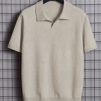 Camisa de polo de manga corta con solapa de color sólido, suéter de cuello en V de punto casual y cálido para hombres para la primavera y el otoño