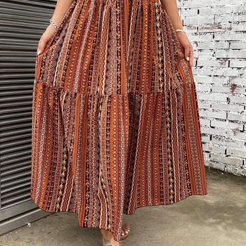 Falda de cintura alta estampado floral tribal, falda maxi de línea casual, ropa de mujer