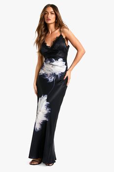 Vestido Maxi De Encaje Con Estampado De Flores Grandes, Negro