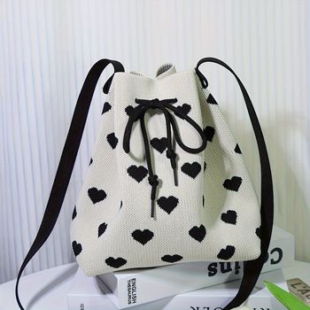 Bolso De Cubo Con Patrón De Corazón Simple, Bolso De Mano Con Cordón Para Mujer, Bolso Clásico Para Mujer