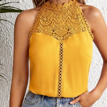 Blusa de encaje sólido con detalles de encaje, blusa sin mangas vintage para primavera y verano, ropa de mujer