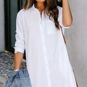 Camisa simple de botón único, camisa de manga larga versátil para primavera y otoño, ropa de mujer