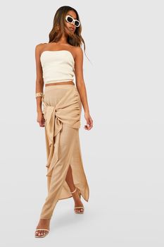 Falda Maxi De Estopilla Texturizada Con Nudo Frontal, Brown