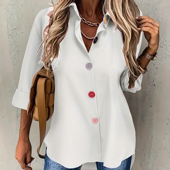 Camisa sencilla con botones delanteros y colorida, camisa de manga larga versátil para primavera y otoño, ropa de mujer