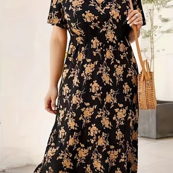 Vestido de cintura alta con estampado floral, vestido midi con cuello en V estilo boho de manga corta, ropa de mujer