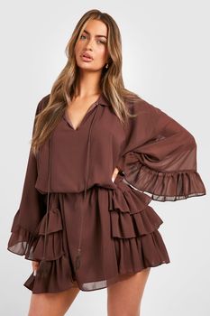 Vestido Holgado Con Volante, Brown