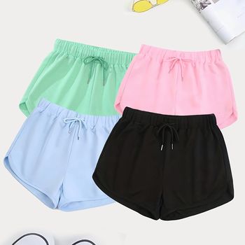 Conjunto De 4 Pantalones Cortos De Colores Sólidos Con Cordón, Pantalones Cortos Sueltos Y Casuales Para Primavera Y Verano, Ropa De Mujer