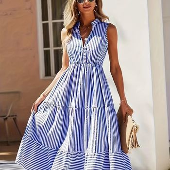 Vestido De Rayas Con Volantes, Vestido Sin Mangas Elegante Para Primavera Y Verano, Ropa De Mujer