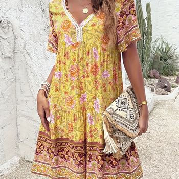 Vestido con estampado floral, cuello en V, elegante vestido corto hasta la rodilla para primavera y verano, ropa de mujer