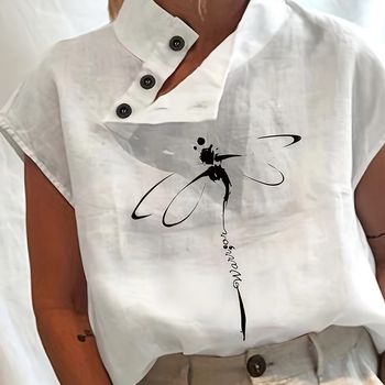 Blusa de manga corta con cuello alto asimétrico y estampado de libélula, elegante blusa con botones en la parte delantera, ropa de mujer.