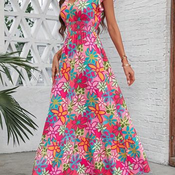 Vestido de cuello redondo con estampado floral, vestido largo estilo vacaciones con mangas con volantes y corte en A para primavera y verano, ropa de mujer.