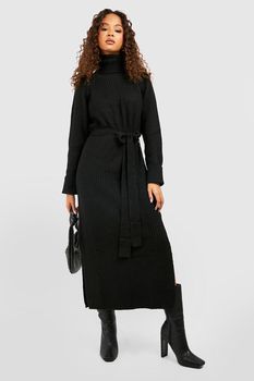 Vestido Midaxi De Punto Y Cuello Vuelto Con Cinturón, Negro