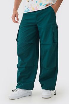 Pantalón Cargo Holgado De Sarga Con Cintura Fija, Verde