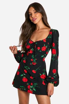 Vestido Mini Estilo Mesonera Con Estampado De Flores, Negro