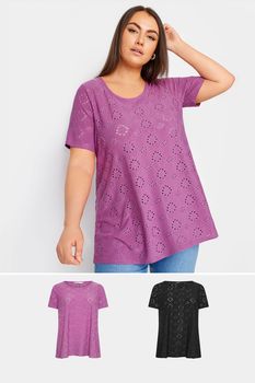 Yours Juego 2 Camisetas Con Bordados Calados: Morada Y Negra, Mujer Curvy Y Tallas Grandes, Yours