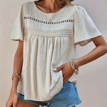 Blusa con cuello redondo hueco y fruncido en la parte delantera, elegante blusa de manga corta para primavera y verano, ropa de mujer.