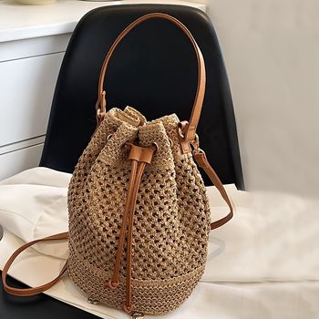 Bolso De Paja Sencillo Para Mujeres, Diseño De Cordón Pequeño Tejido, Bolso De Hombro Con Asa Superior Para Mujeres