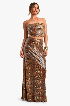 Falda Maxi De Lentejuelas Con Estampado De Serpiente, Brown