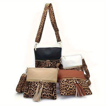 Bolsos de moda elegantes para mujer con estampado de leopardo y borlas, fabricados en material de poliuretano, con correa ajustable.