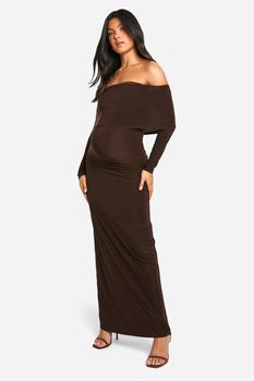 Vestido Premamá Maxi Ceñido De Manga Larga Con Escote Bardot, Brown