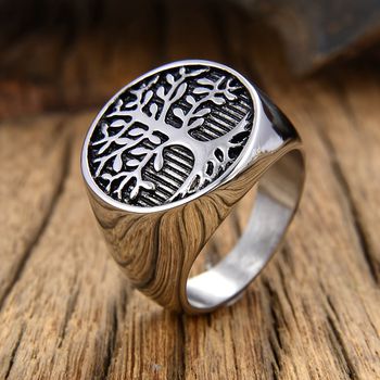 Anillo De Acero Inoxidable Con Patrón De Moda Retro Árbol De La Vida Para Hombres, Estilo Rock Hip Hop