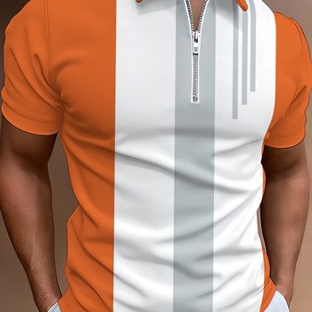 Camiseta de manga corta con estampado de rayas en 3D de colores para hombre, con cremallera y cuello de solapa para el verano, diseño elegante de cuello con cremallera.