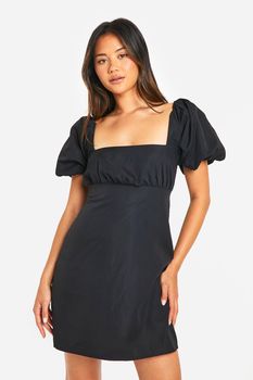 Vestido Mini Con Mangas Abullonadas, Negro