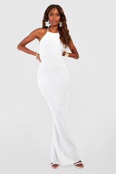 Vestido Maxi De Croché Con Escote Halter, Blanco